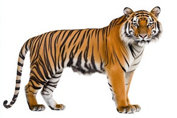 Obraz premium The solitary tiger poses elegantly in the center, highlighting its vibrant orange fur and distinctive black stripes. Its focused gaze reveals strength and grace in this striking moment.