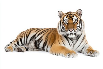 Obraz premium The tiger is positioned in the center, showcasing its striking orange and black stripes. Its calm demeanor highlights the powerful yet tranquil nature of this majestic animal.