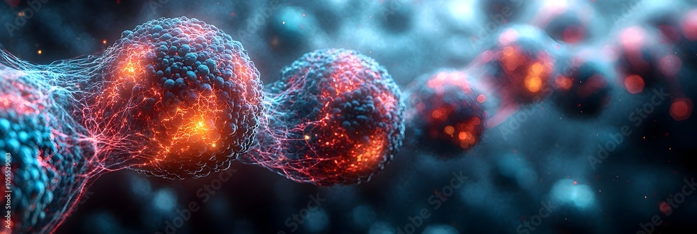 Poster Vibrant and intricate microscopic visualization of organic cell structures,molecular networks,and biochemical particles in a futuristic digital abstract background.