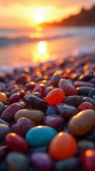 Obraz premium Colorful stones on a beach at sunset.