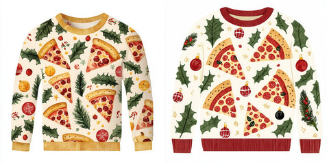 Two festive sweaters feature playful pizza patterns with holiday decorations like holly and ornaments, perfect for a fun and quirky seasonal look.