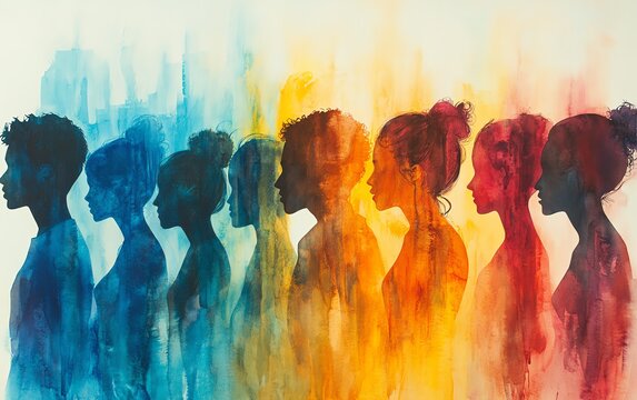 An expressive watercolor illustration of colorful silhouettes representing a diverse community, ideal for conveying messages of equality and inclusiveness