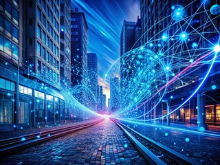 Sinuous Blue Particles in Digital Landscape Representing Data Transmission and Network Activity