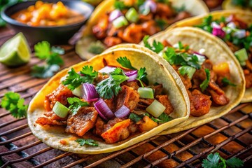Sizzling Tacos al Pastor on Grill with Fresh Cilantro and Onion - Bokeh Effect