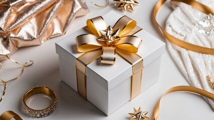 golden and white gift boxes with golden ribbons and random golden jewelry and luxurious decoration