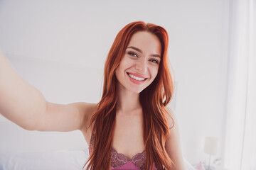 Photo of charming adorable cute lovely girl blogger take selfie video blog day alone cosy home...