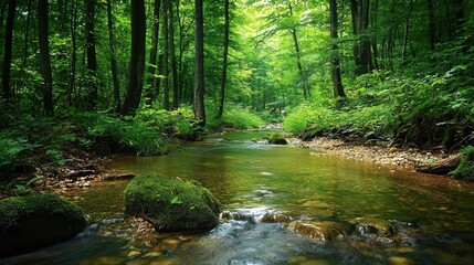 Serene forest stream surrounded by lush greenery and smooth pebbles.