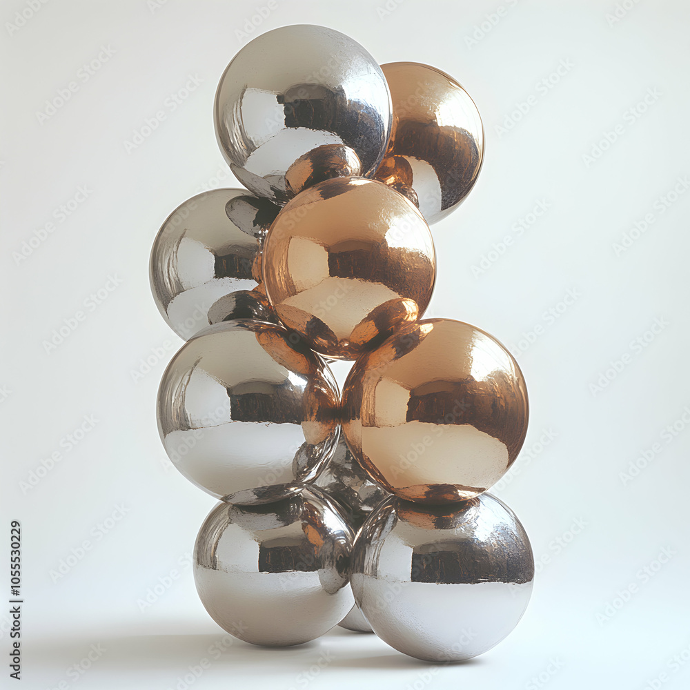 Poster dynamic formation of bouncing spheres in motion, capturing vibrant colors and fluidity against a sof