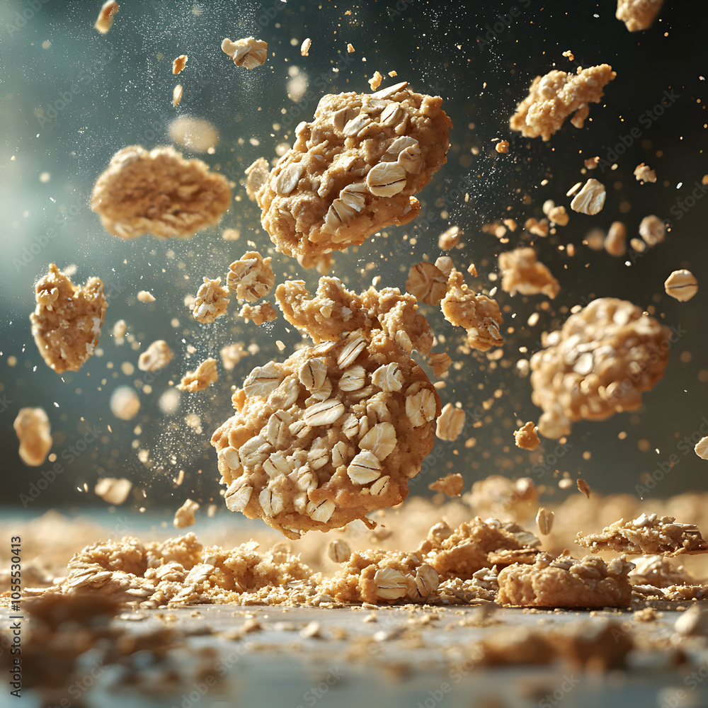 Poster dynamic scene of oatmeal cookies in mid-drop, capturing the texture and golden brown color against a