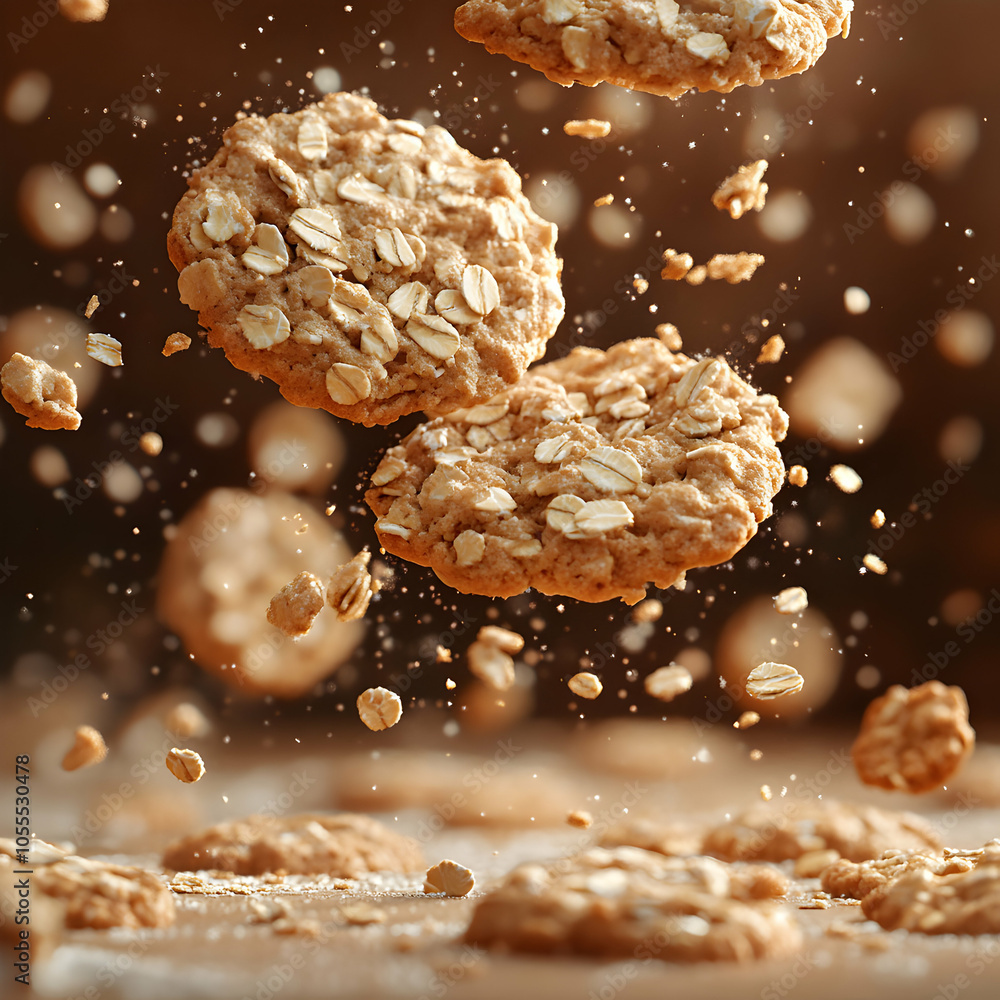 Poster dynamic scene of oatmeal cookies dropping with chocolate chips, capturing the moment of baking in a 