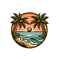 Fototapeta premium Palm beach vacation andvector illustration emblem. Ocean, sunrise, holiday