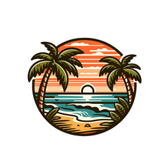 Obraz premium Palm beach vacation andvector illustration emblem. Ocean, sunrise, holiday