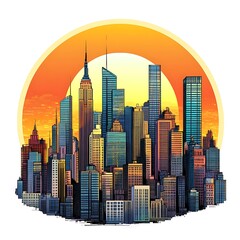Cartoon city skyline with skyscrapers and a sunset backdrop on a white background.