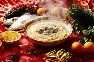 A traditional Lunar New Year feast featuring steaming noodles, fresh fish, and colorful fruits,...