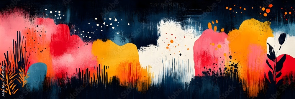 Poster vibrant fluid splashes of color in abstract digital landscape art with atmospheric night sky,etherea