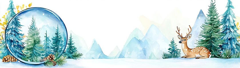 Tiny woodland scene snow globe, deer and pine trees, white background, watercolor style