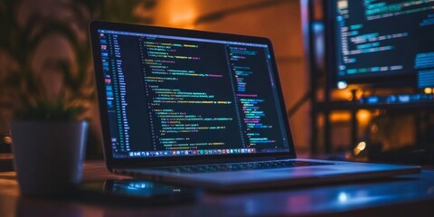 This image shows the world of software development, web design, and programming. You can see code on a laptop screen, a phone, and data displayed. This is all part of creating software and websites.