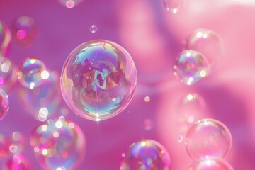 Pink soap bubbles floating in the air. Natural freshness summer holiday background. Neural network ai generated art