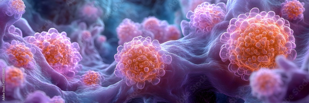 Poster Vibrant microscopic view of abstract biological structures and organic molecules. Visualizing the microscopic world of viral infection,disease prevention,and medical research concepts.