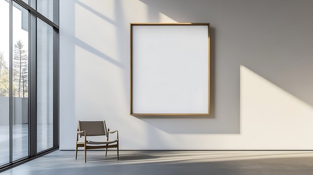 A minimalist gallery space featuring a blank frame and a chair, inviting contemplation.