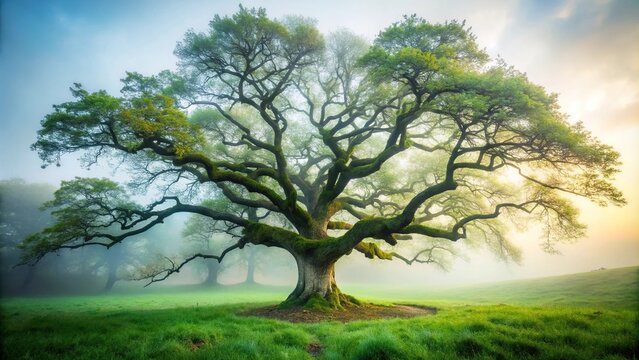 Ancient oak tree with gnarled branches and twisted trunk stands alone in a misty meadow, meadow, gnarled, outdoors