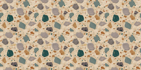 A terrazzo surface with muted teal, gray, and warm beige fragments on a soft cream background, finished with a pearlescent sheen