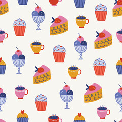 Seamless pattern with cakes, cupcakes, ice cream, cups on white background. Perfect for birthday greetings, wallpaper, holiday wrapping paper, fabric. Vector illustration