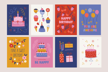 Set of birthday cards with cakes, tea, ice cream, strawberry, cherry, leaves, balloons, garlands, flowers, gifts, candles, lollipop, stars in scandinavian style. Vector illustration