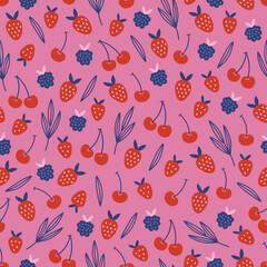 Seamless pattern with cherry, strawberry, blackberry, leaves on pink background. Perfect for birthday greetings, wallpaper, holiday wrapping paper, fabric. Vector illustration