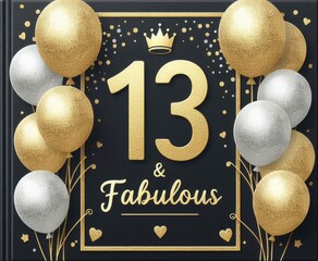 Celebratory design with golden number 13, balloons, and 'Fabulous' text, perfect for birthdays.