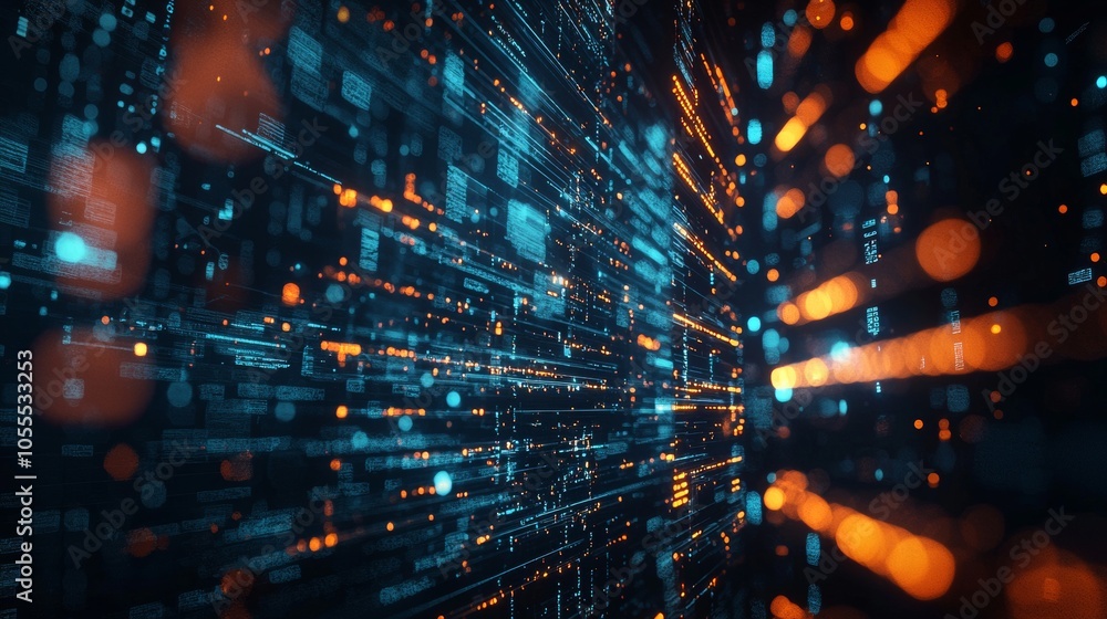 Poster abstract digital data streams with blue and orange light patterns
