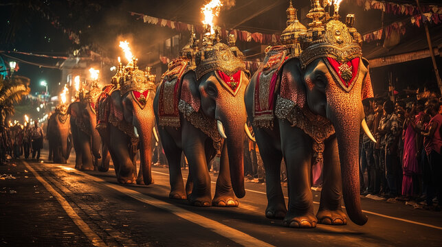 Kandy Esala Perahera, richly decorated elephants walk gracefully on the streets, lit by traditional torches, Ai generated images