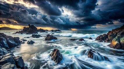 Obraz premium Stormy Seascape: Long Exposure of Dark Clouds and Rough Waves for Dramatic Coastal Photography