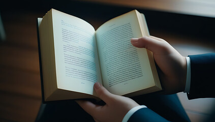 Fototapeta premium hands holds open book blank pages cut size