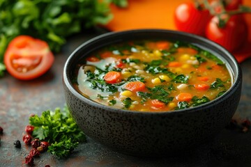 A Bowl of Hearty Vegetable Soup with Parsley Garnish