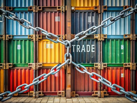 Shipping containers are chained, symbolizing trade quotas and economic restrictions. This minimalist scene highlights the limitations and challenges faced in global trade and commerce.