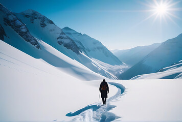 Naklejka premium traveler cuts snowy mountain lone figure distance