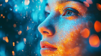 Artistic portrait of a woman with glowing lights on face