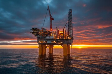 Obraz premium Offshore Wind Turbine in a Windfarm under construction off the England Coast at sunset.Generative ai