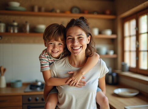 Intimate family moment featuring a mother and her smiling son