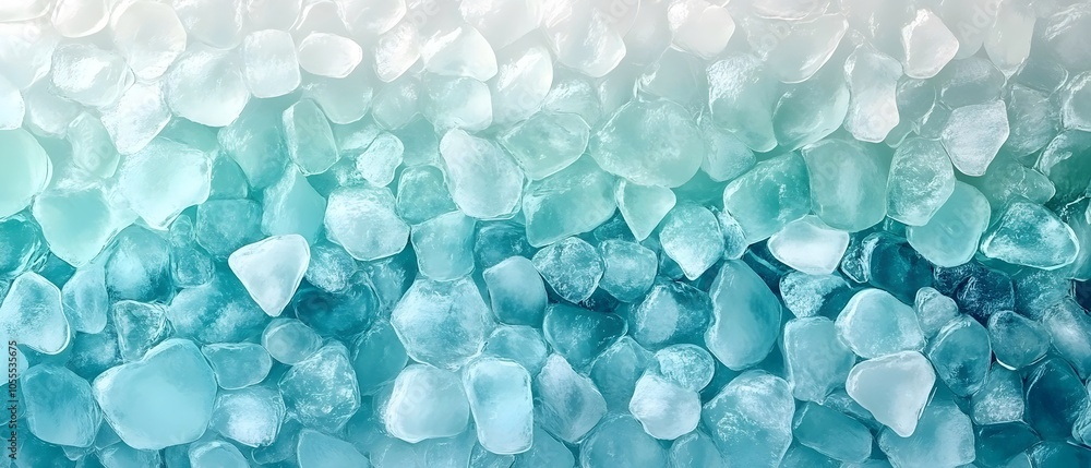 Poster A close-up view of ice cubes, showcasing a striking blend of turquoise and clear tones. The image captures the texture and clarity of each cube in a refreshing arrangement.