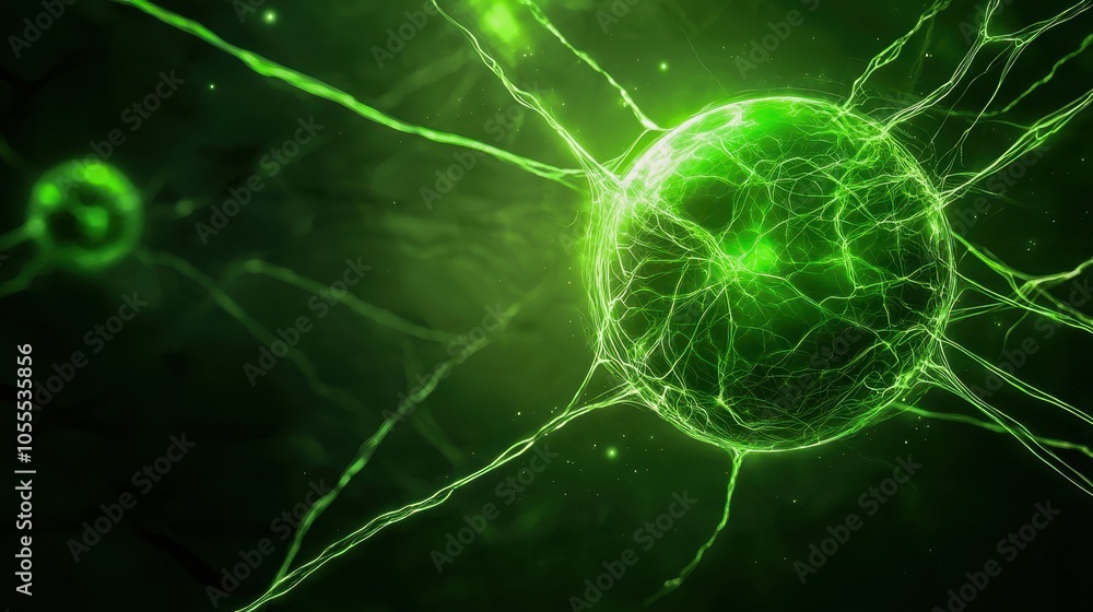 Poster close-up of glowing green cells with intricate structures against a dark background.