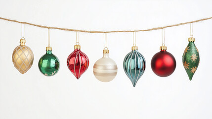 
Vintage Christmas decorations hanging on string isolated on white background.