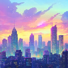Obraz premium A whimsical cartoon skyline at sunset, showcasing tall buildings with lights twinkling against a colorful sky on a white background.