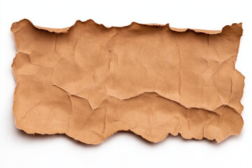 Fototapeta premium Crinkled brown paper with jagged edges on a white background, artistic and textured appearance