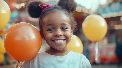 Fototapeta premium A young girl beams with happiness while holding a colorful balloon at the carnival