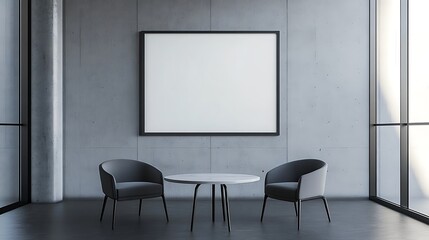 Minimalist interior with two chairs and a blank frame for artwork.