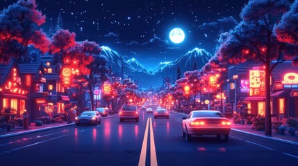 Neon-Lit City Street at Night with Full Moon and Mountains in the Background
