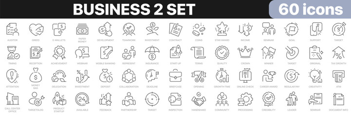 Fototapeta premium Business 2 set line icons collection. Finance, job, teamwork, analysis, banking, money, start up icons. UI icon set. Thin outline icons pack. Vector illustration EPS10