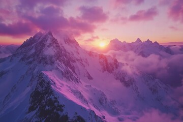 Sunset over snowy mountains